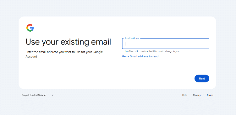Create a google account without gmail, using existing email
