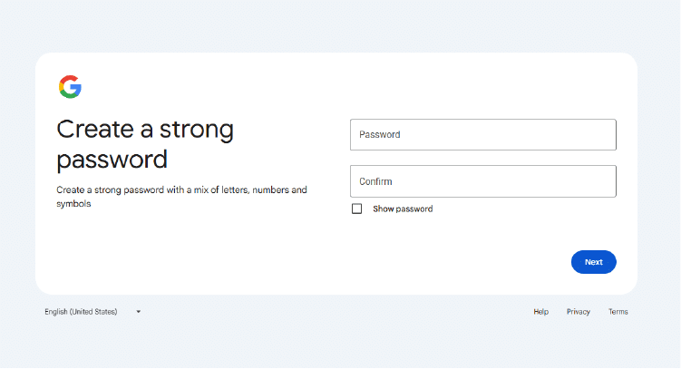 Create a google account without gmail: Password creation field on Google sign up page.