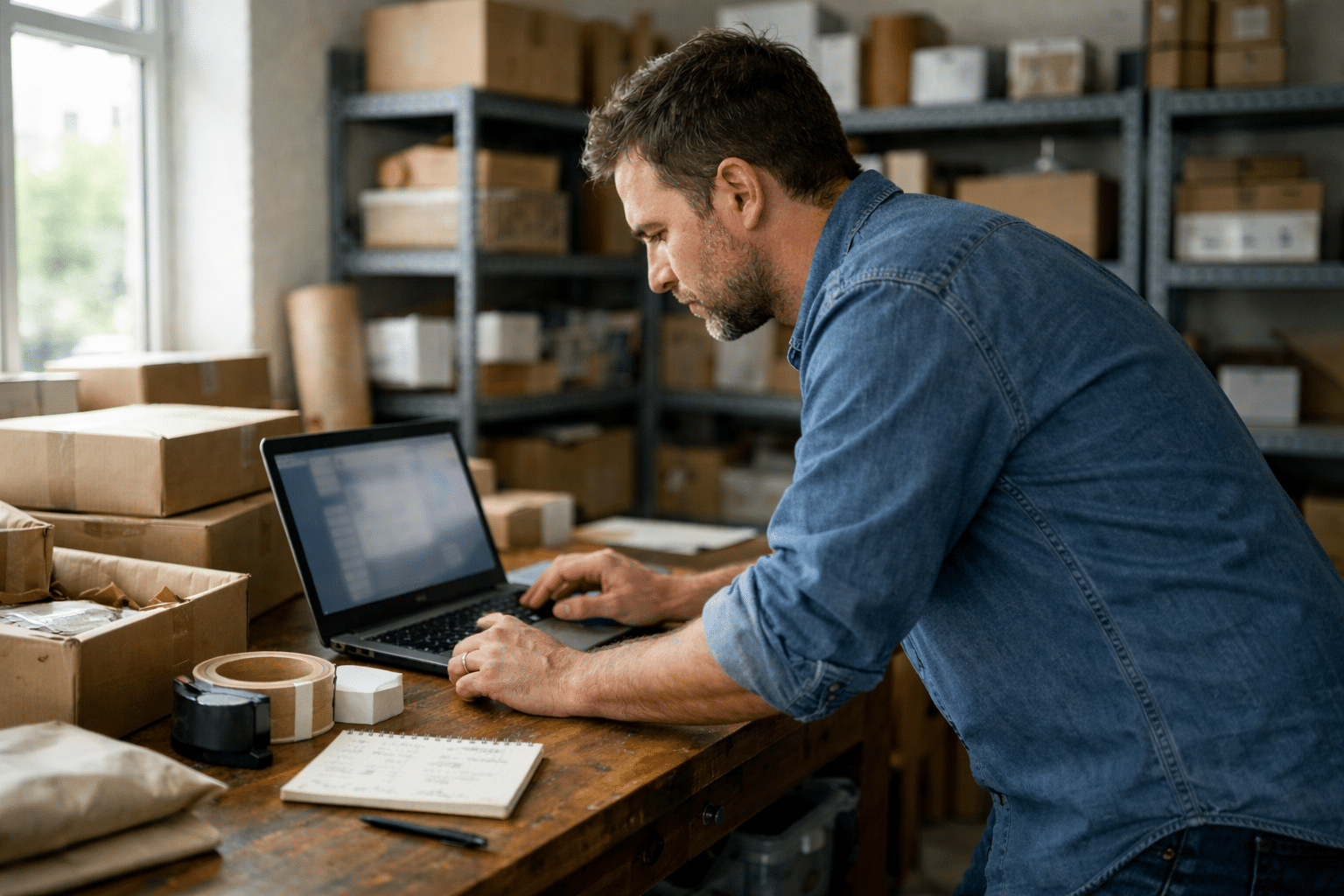 Business owner working on a laptop beside packing boxes.