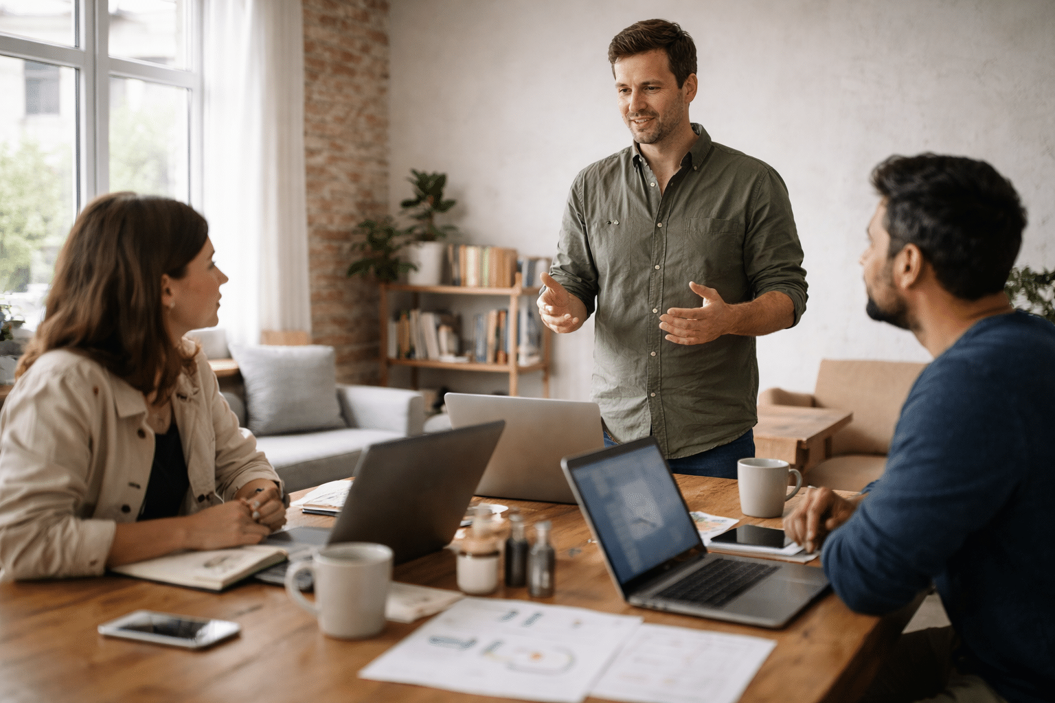 Team discussing strategy around a table in a coworking space.