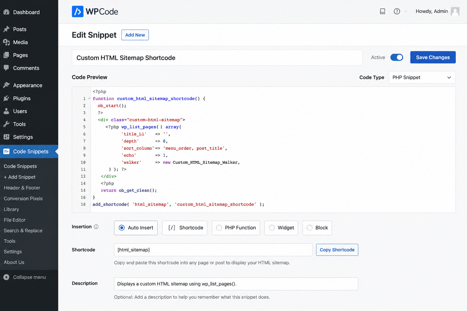 Custom HTML sitemap shortcode added in WPCode.