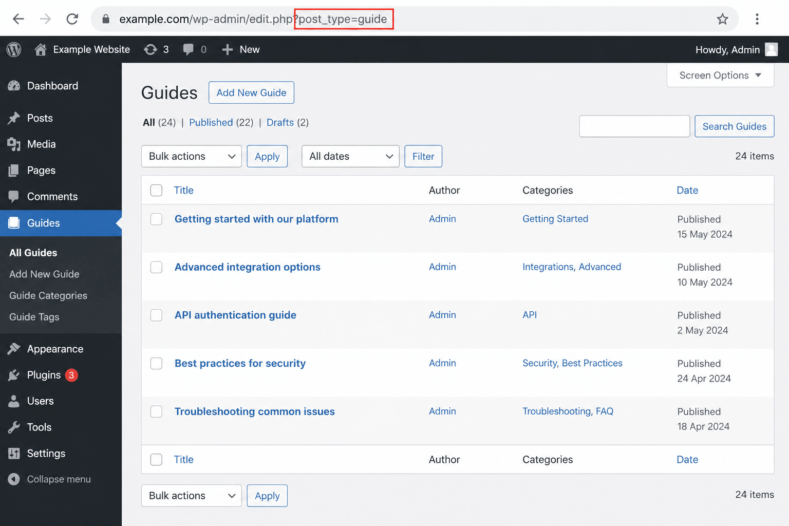 Finding a WordPress post type slug in the admin URL.