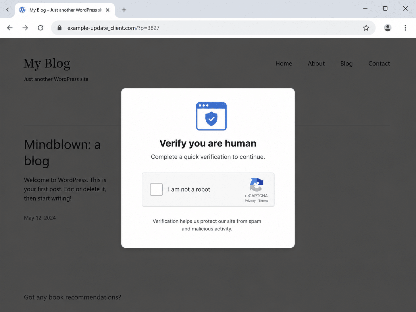 Fake browser verification prompt used in a ClickFix WordPress malware attack