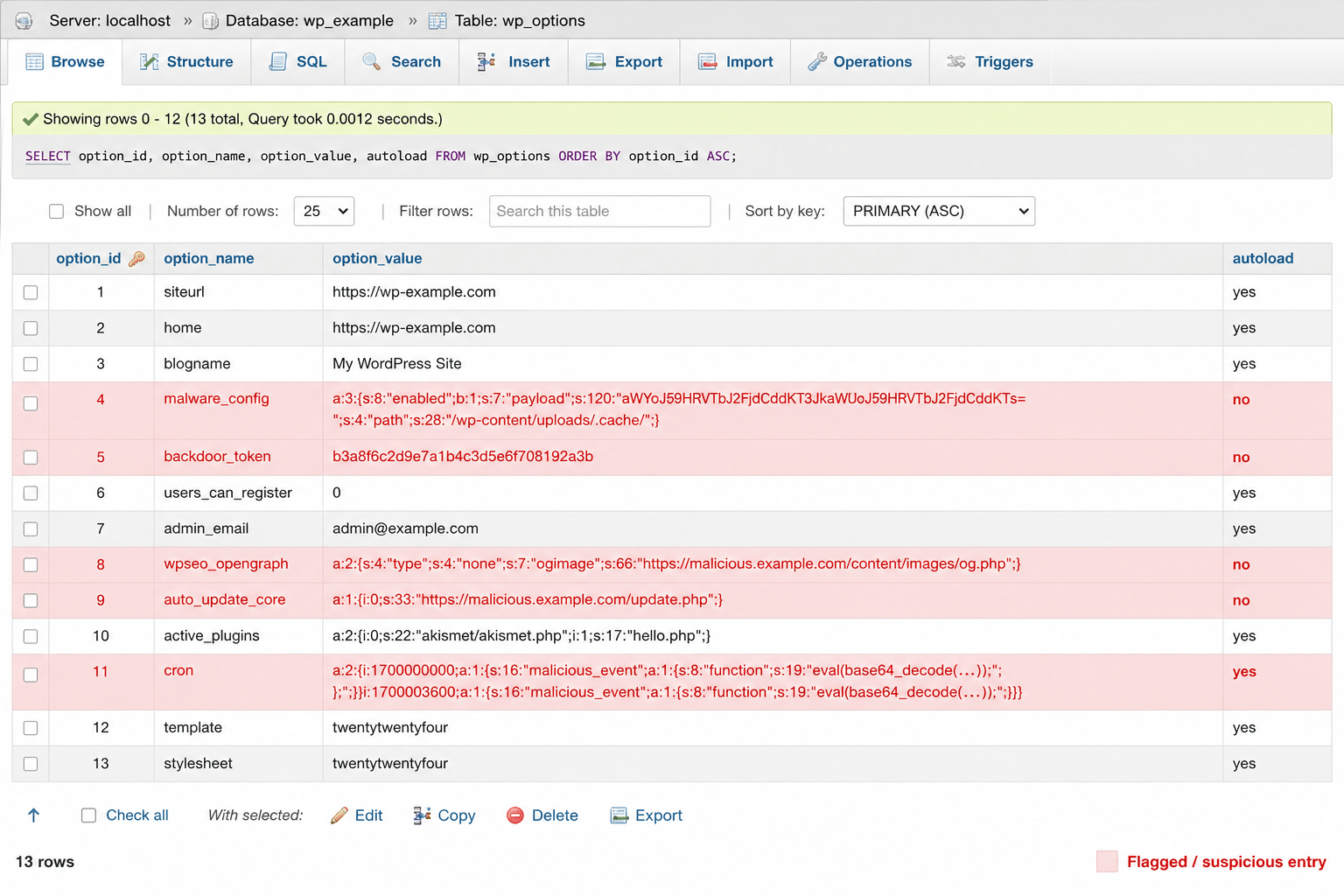 WordPress database options table with highlighted flagged entries