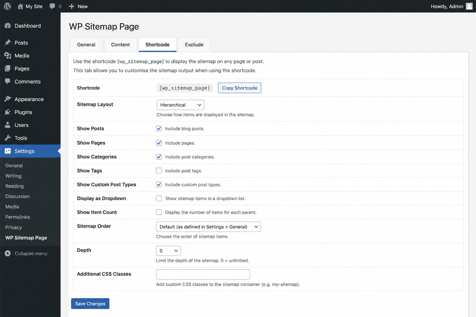 WP Sitemap Page plugin shortcode settings in WordPress.