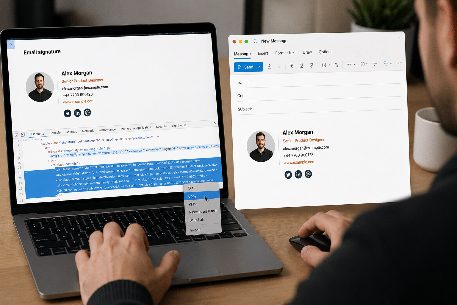 Copying a rendered HTML signature from a browser before pasting into Outlook for Mac