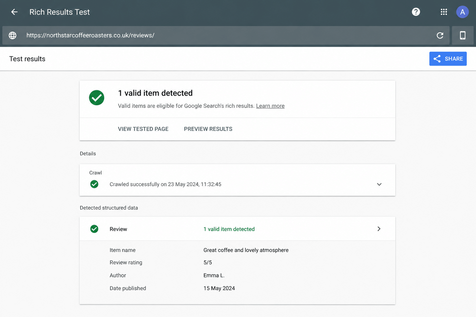 Rich Results Test showing valid review structured data